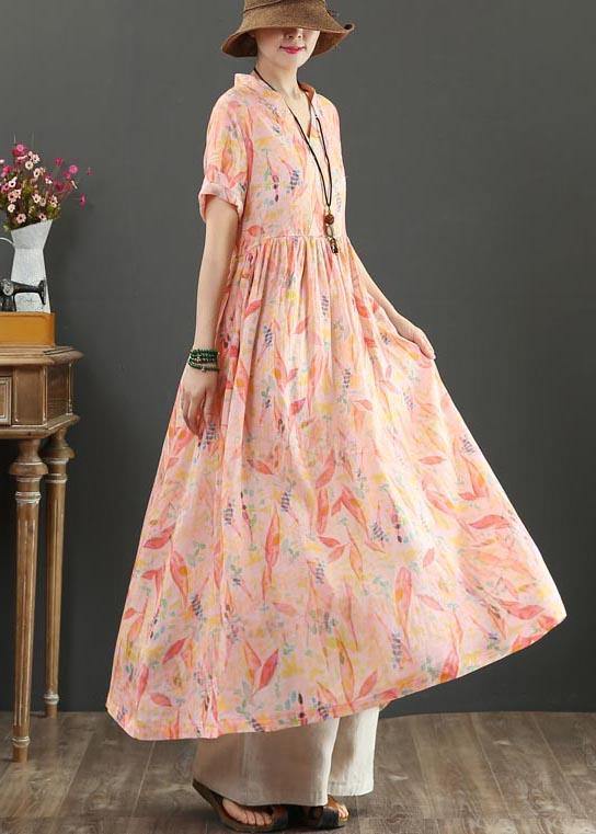 French Pink Print High Waist Summer Linen Dress - SooLinen