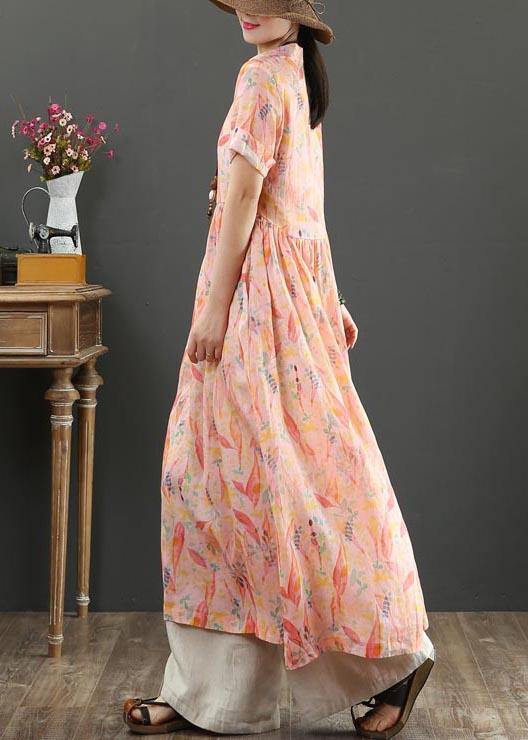 French Pink Print High Waist Summer Linen Dress - SooLinen
