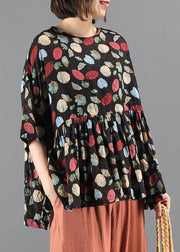 French Plant printing top silhouette Work Outfits o neck Cinched summer blouse - SooLinen