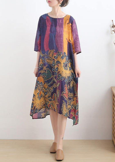 French Purple Print side open Summer Ramie Linen Dress - SooLinen
