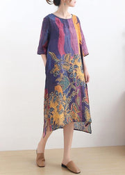 French Purple Print side open Summer Ramie Linen Dress - SooLinen