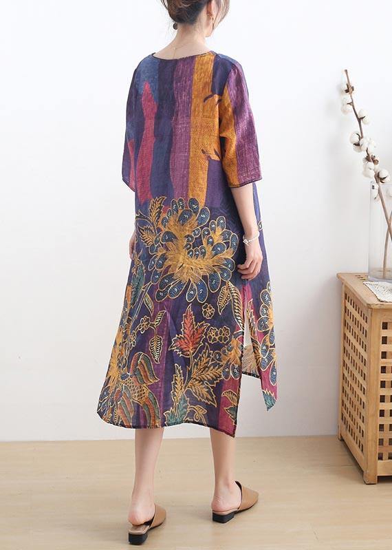 French Purple Print side open Summer Ramie Linen Dress - SooLinen