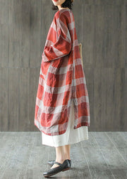 Französische rote O-Neck-Taschen Leinen-Herbst-Robe-Kleider