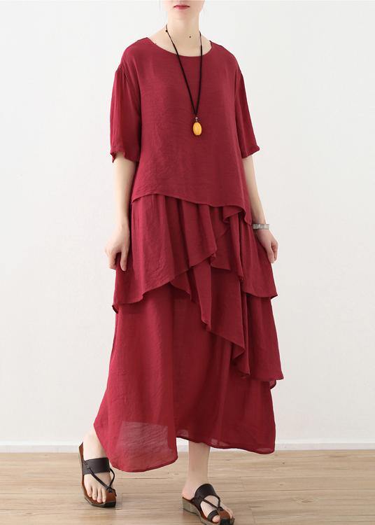 French Red asymmetrical Design Patchwork Cotton Linen Dress - SooLinen