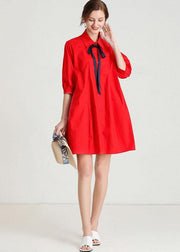 French Red elegant slim fit Summer Cotton Half Sleeve Party Dress - SooLinen