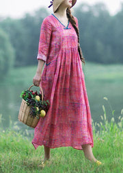French Rose Print Clothes Women V Neck Patchwork Maxi Spring Dress - SooLinen