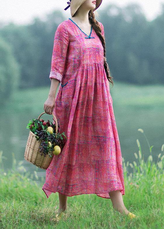 French Rose Print Clothes Women V Neck Patchwork Maxi Spring Dress - SooLinen