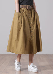 French Solid Color Khaki Elastic Waist Pockets Button Sashes Cotton A Line Skirts Summer
