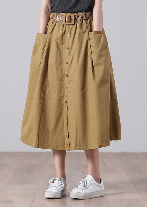 French Solid Color Khaki Elastic Waist Pockets Button Sashes Cotton A Line Skirts Summer