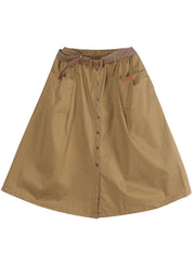 French Solid Color Khaki Elastic Waist Pockets Button Sashes Cotton A Line Skirts Summer