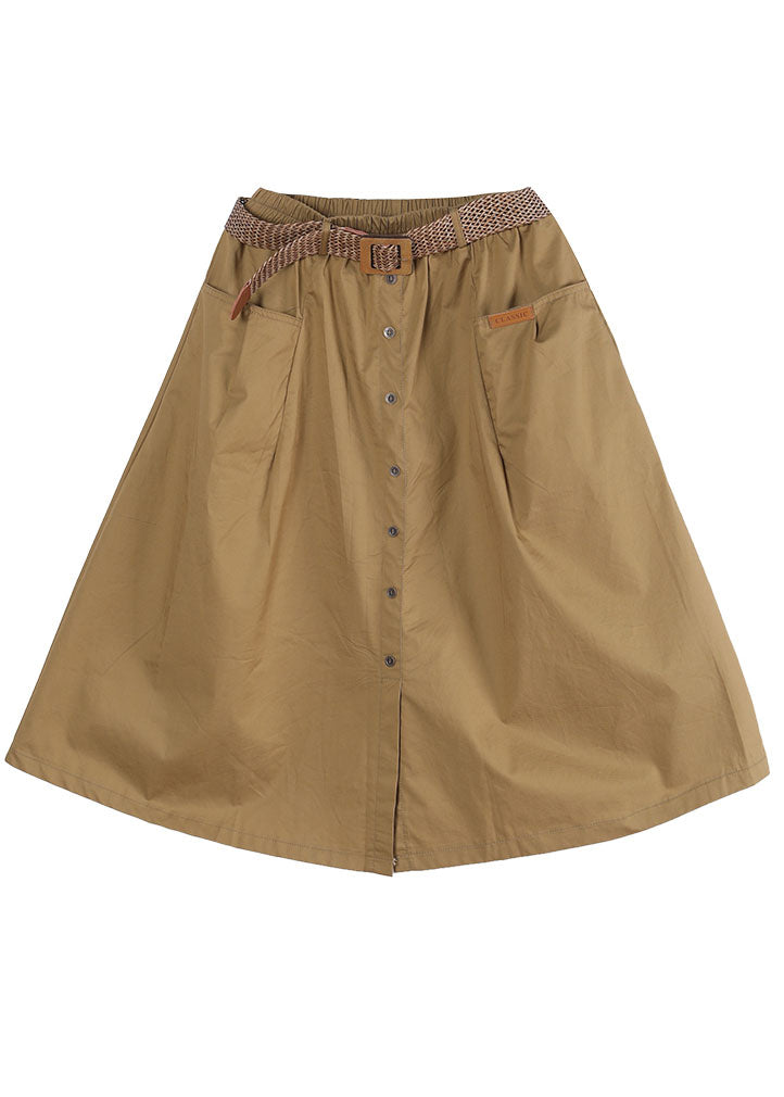 French Solid Color Khaki Elastic Waist Pockets Button Sashes Cotton A Line Skirts Summer
