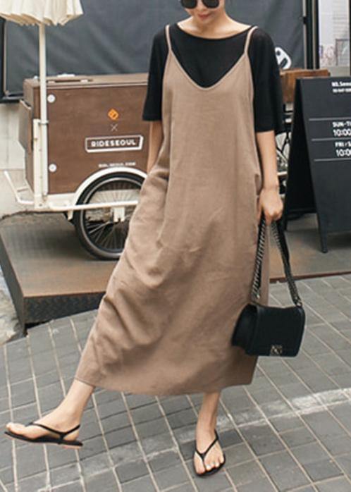French Spaghetti Strap linen cotton Soft Surroundings khaki Dresses - SooLinen