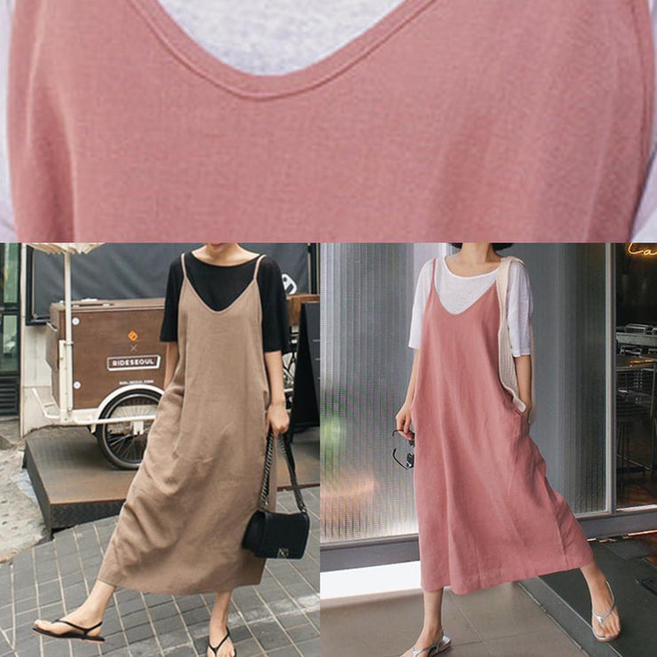French Spaghetti Strap linen cotton Soft Surroundings khaki Dresses - SooLinen