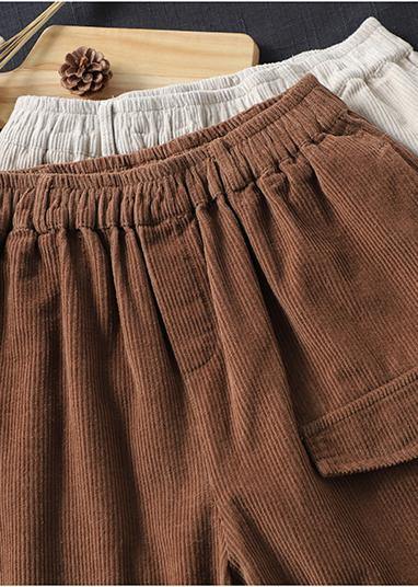 French Spring Trousers Plus Size Beige Inspiration Elastic Waist Pockets Pant - SooLinen