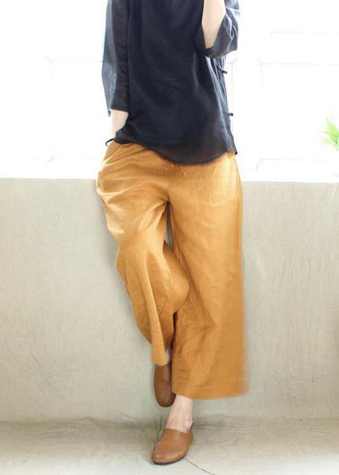 French Spring Women Pants Plus Size Yellow Design Elastic Waist Pockets Wild Pants - SooLinen