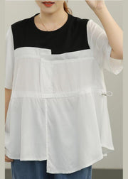 French White Patchwork O-Neck Blouses Summer - SooLinen