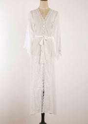 French White Patchwork tie waist kimono robe Maxi Chiffon Dress - SooLinen