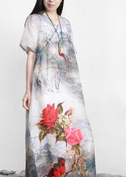 French White Print Linen Chinese Button Vacation Dresses - SooLinen