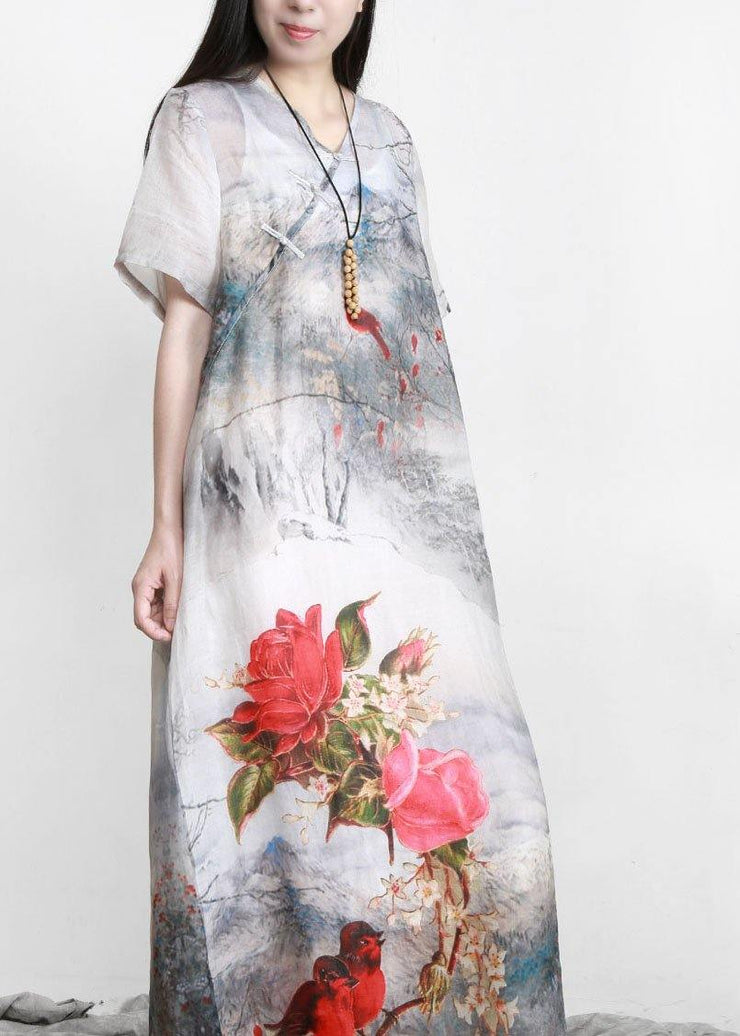 French White Print Linen Chinese Button Vacation Dresses - SooLinen