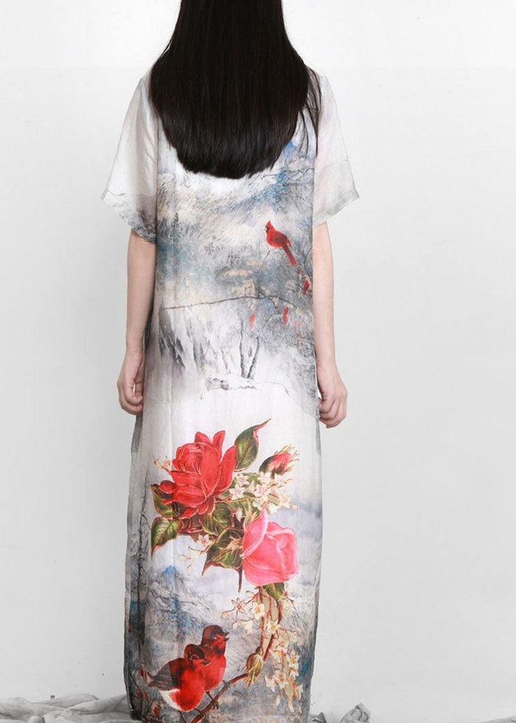 French White Print Linen Chinese Button Vacation Dresses - SooLinen