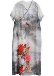 French White Print Linen Chinese Button Vacation Dresses - SooLinen