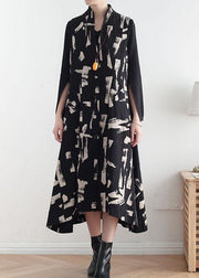French White Print Pockets Cotton Dress Asymmetrical Design Waistcoat Fall Long Dress - SooLinen