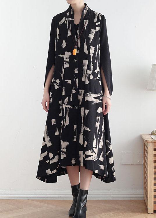 French White Print Pockets Cotton Dress Asymmetrical Design Waistcoat Fall Long Dress - SooLinen