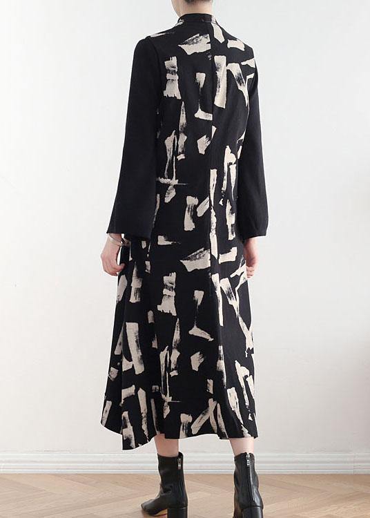 French White Print Pockets Cotton Dress Asymmetrical Design Waistcoat Fall Long Dress - SooLinen