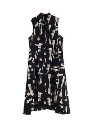 French White Print Pockets Cotton Dress Asymmetrical Design Waistcoat Fall Long Dress - SooLinen