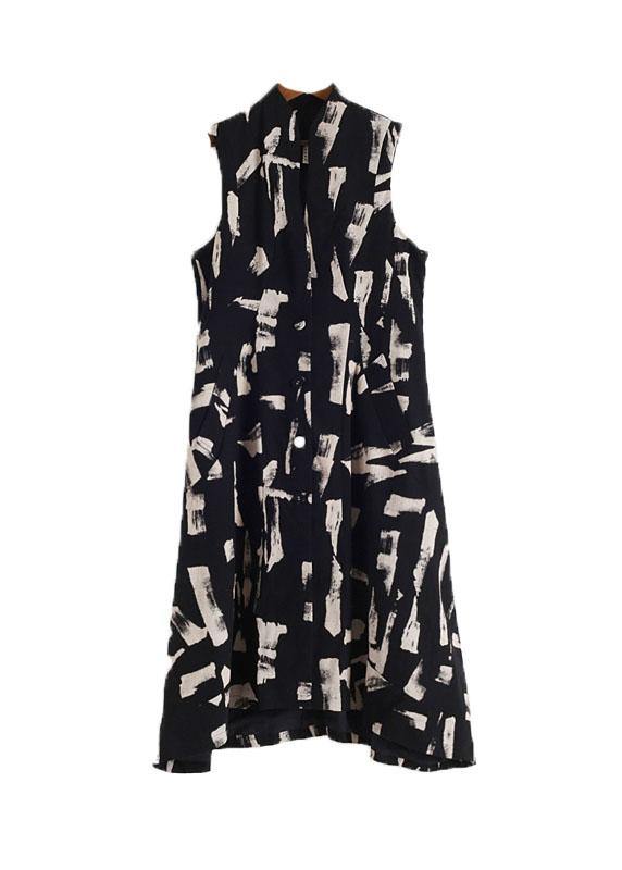 French White Print Pockets Cotton Dress Asymmetrical Design Waistcoat Fall Long Dress - SooLinen