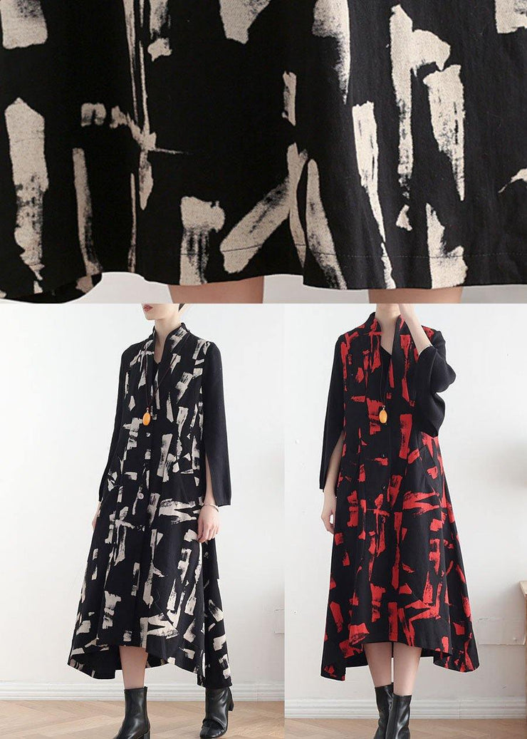 French White Print Pockets Cotton Dress Asymmetrical Design Waistcoat Fall Long Dress - SooLinen