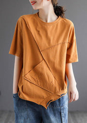 French Yellow Asymmetrical Design Hole Summer Patchwork Cotton Half Sleeve - SooLinen