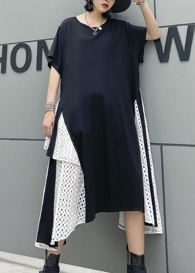 French asymmetric o neck cotton clothes pattern black cotton robes Dresses - SooLinen