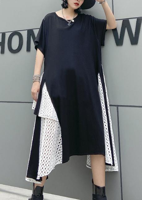 French asymmetric o neck cotton clothes pattern black cotton robes Dresses - SooLinen