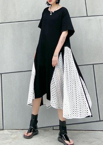 French asymmetric o neck cotton clothes pattern black cotton robes Dresses - SooLinen