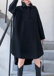 French black Cotton tunic pattern low high design loose POLO collar Dress - SooLinen