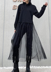French black Tunics stand collar patchwork tulle spring Dresses - SooLinen