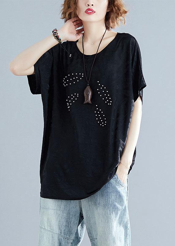 French black blended crane tops o neck loose summer tops - SooLinen