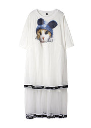 French black cotton Long Shirts patchwork tulle Plus Size  summer Dresses - SooLinen