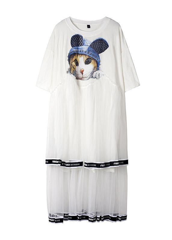 French black cotton Long Shirts patchwork tulle Plus Size  summer Dresses - SooLinen