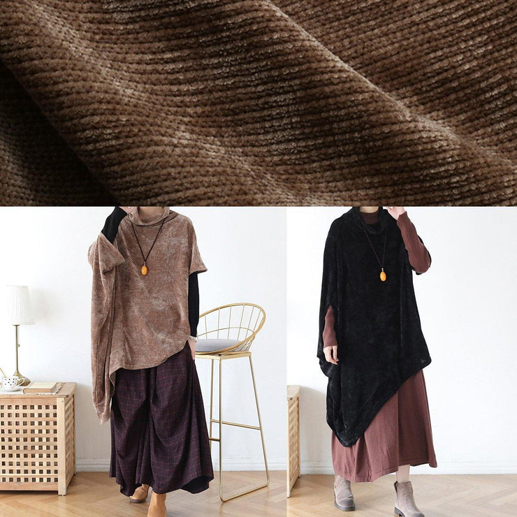 French black cotton clothes For Women high neck asymmetric daily blouse - SooLinen