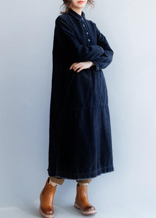 French black cotton clothes Women side open Plus Size lapel collar Dress - SooLinen