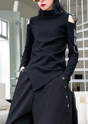 French black cotton shirts women asymmetric hollow out Art top - SooLinen