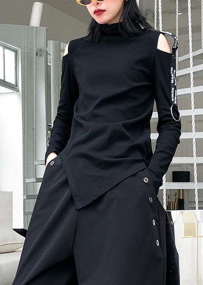 French black cotton shirts women asymmetric hollow out Art top - SooLinen
