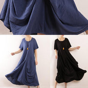 French black linen quilting dresses Fitted Sleeve big hem A Line summer Dress - SooLinen