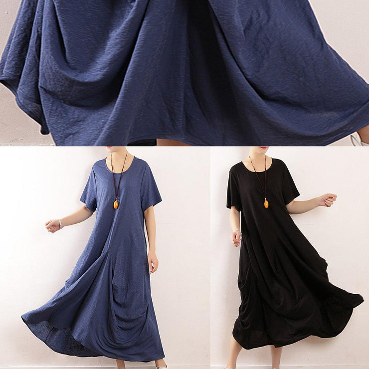 French black linen quilting dresses Fitted Sleeve big hem A Line summer Dress - SooLinen