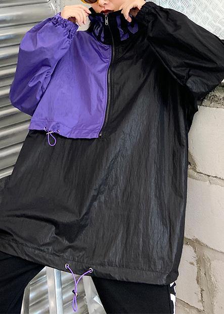French black patchwork purple top Fabrics drawstring blouse - SooLinen