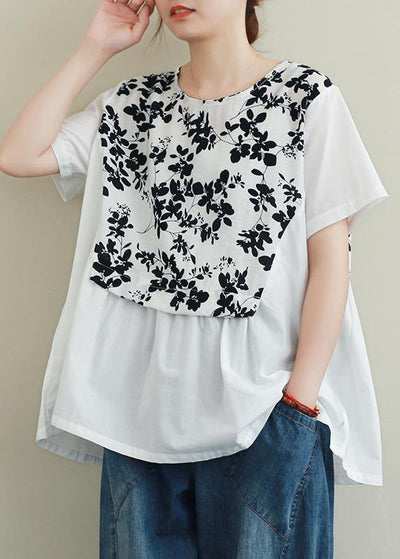 French black print cotton clothes For Women o neck patchwork Art blouses - SooLinen