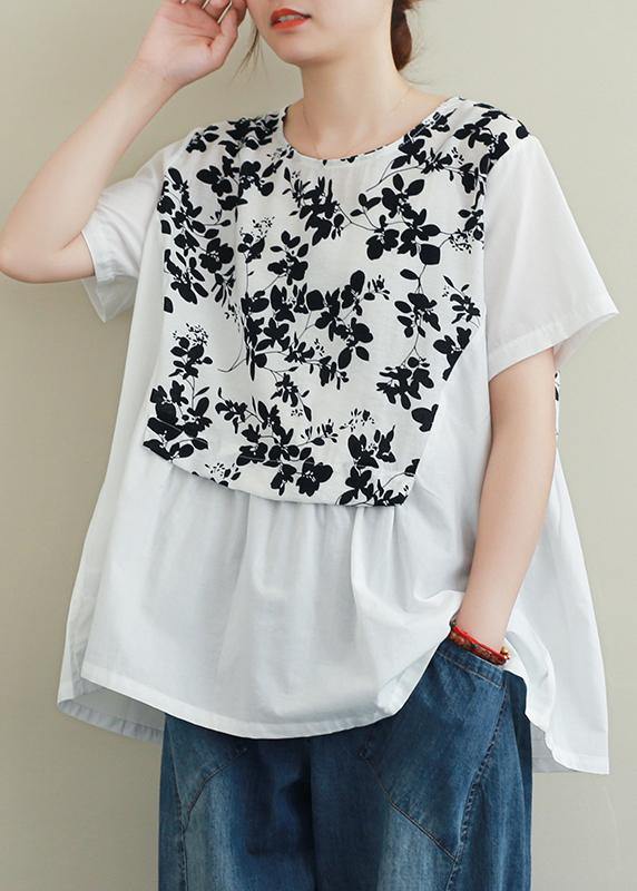 French black print cotton clothes For Women o neck patchwork Art blouses - SooLinen