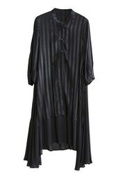 French black striped Fashion tunic pattern Neckline stand collar patchwork cardigan - SooLinen